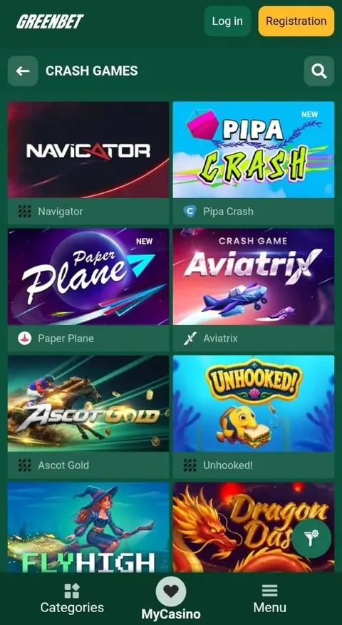 Greenbet Crash games section on a phone