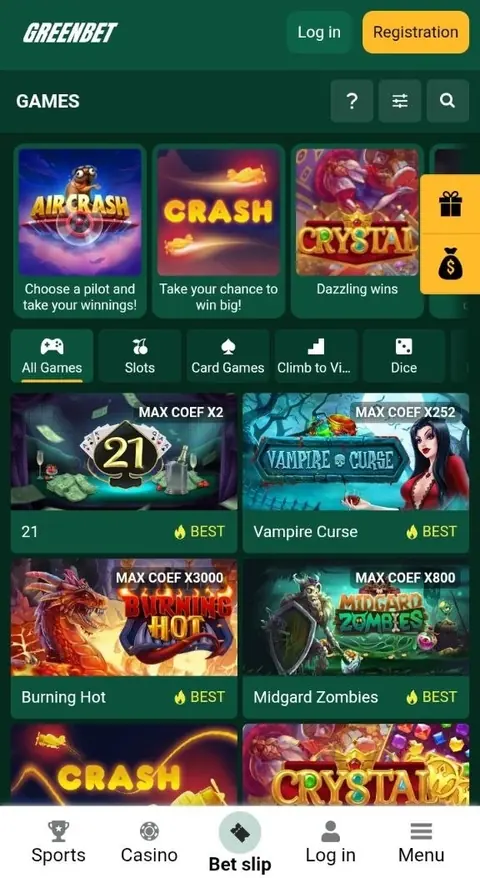 Greenbet slots lobby with popular games